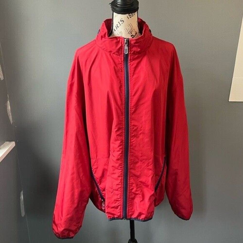Eddie Bauer Red and Blue lightweight windbreaker with hidden hood and pockets